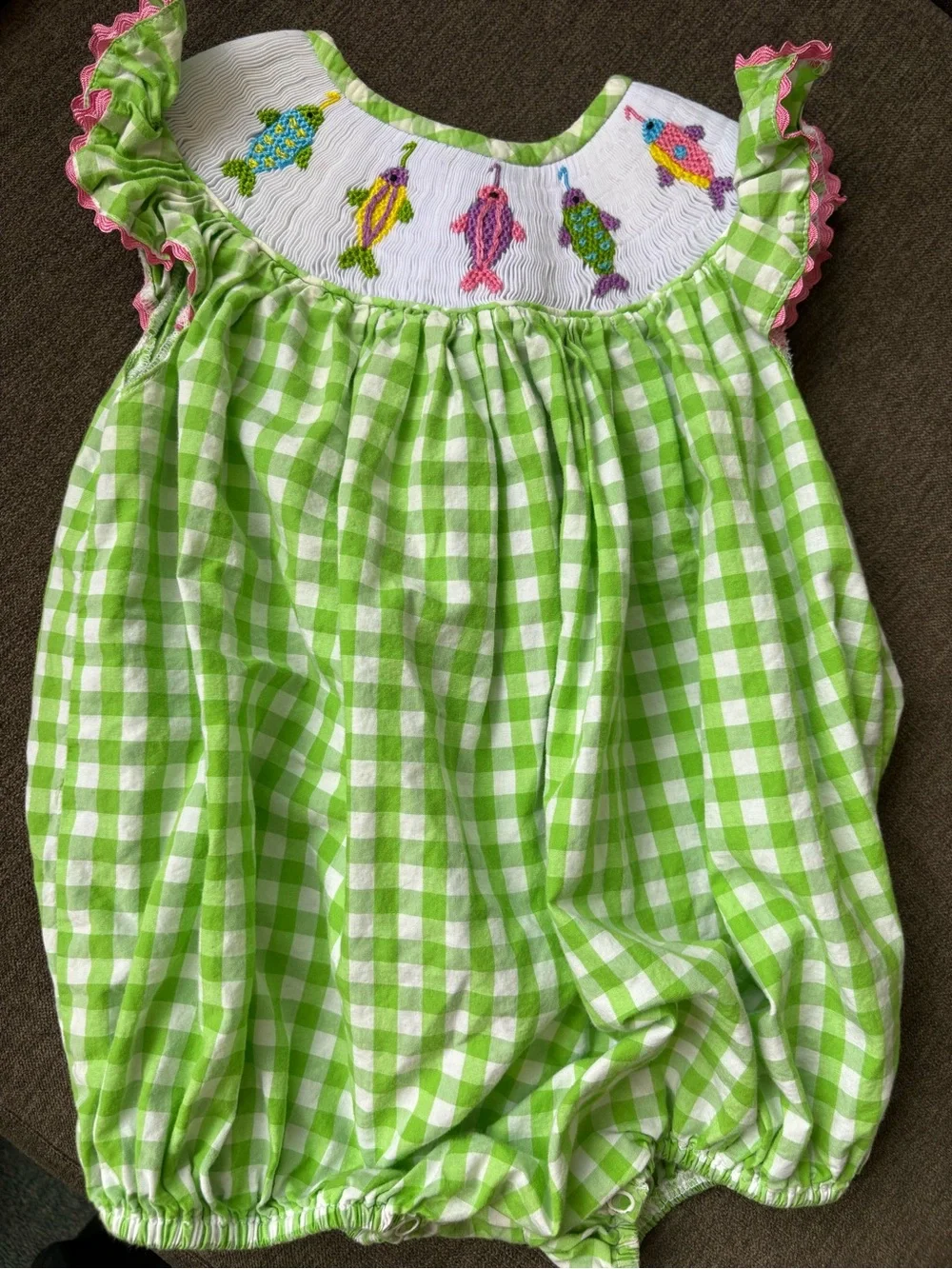 Green Gingham Baby One-Piece with Colorful Fish Embroidery